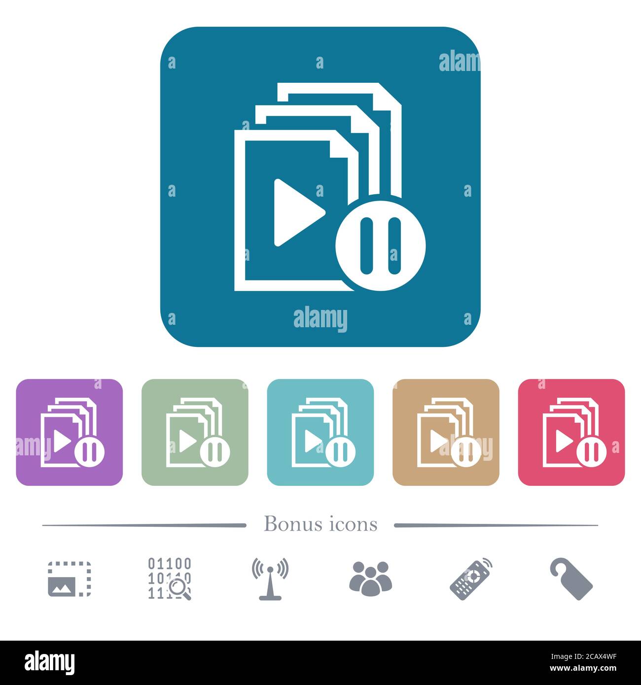 Pause playlist white flat icons on color rounded square backgrounds. 6 ...