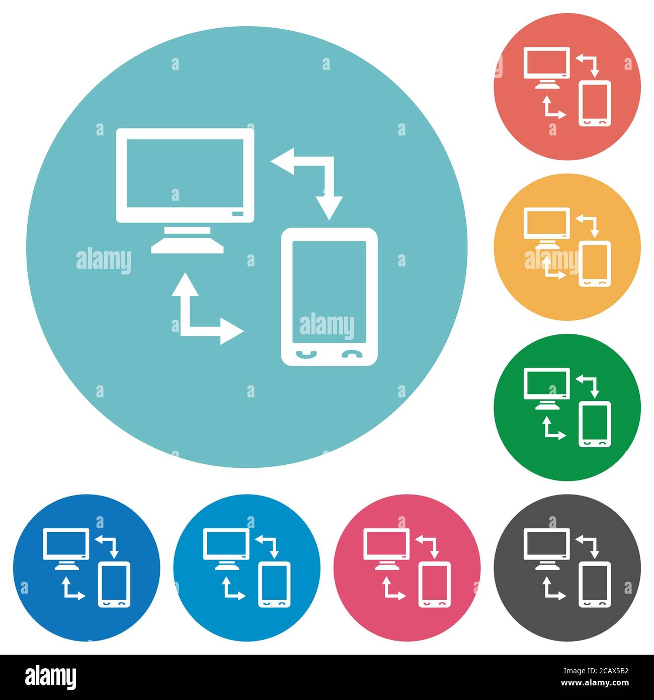 Connecting mobile to desktop flat white icons on round color ...