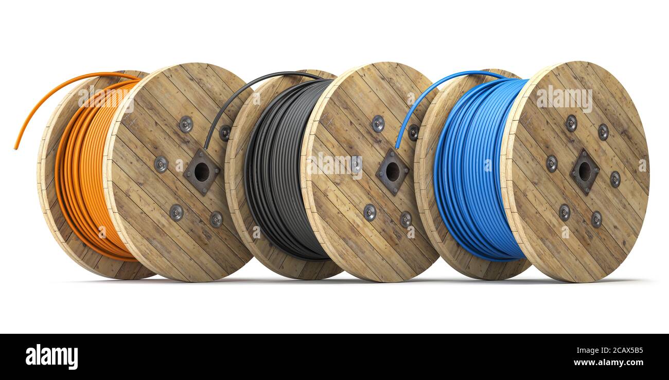 Wire electric cable of different colors on wooden coil or spool ...