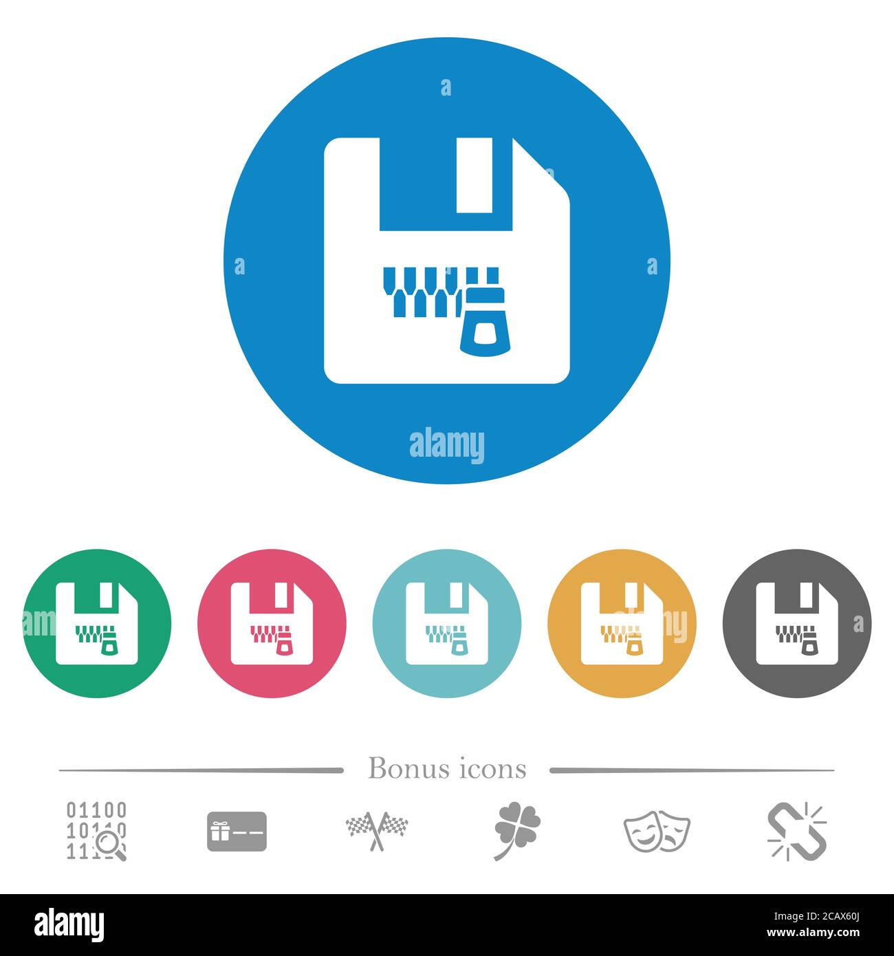 Zipped file flat white icons on round color backgrounds. 6 bonus icons