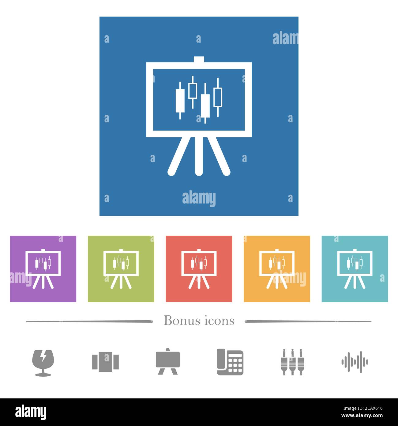 Presentation table with candlestick chart flat white icons in square ...