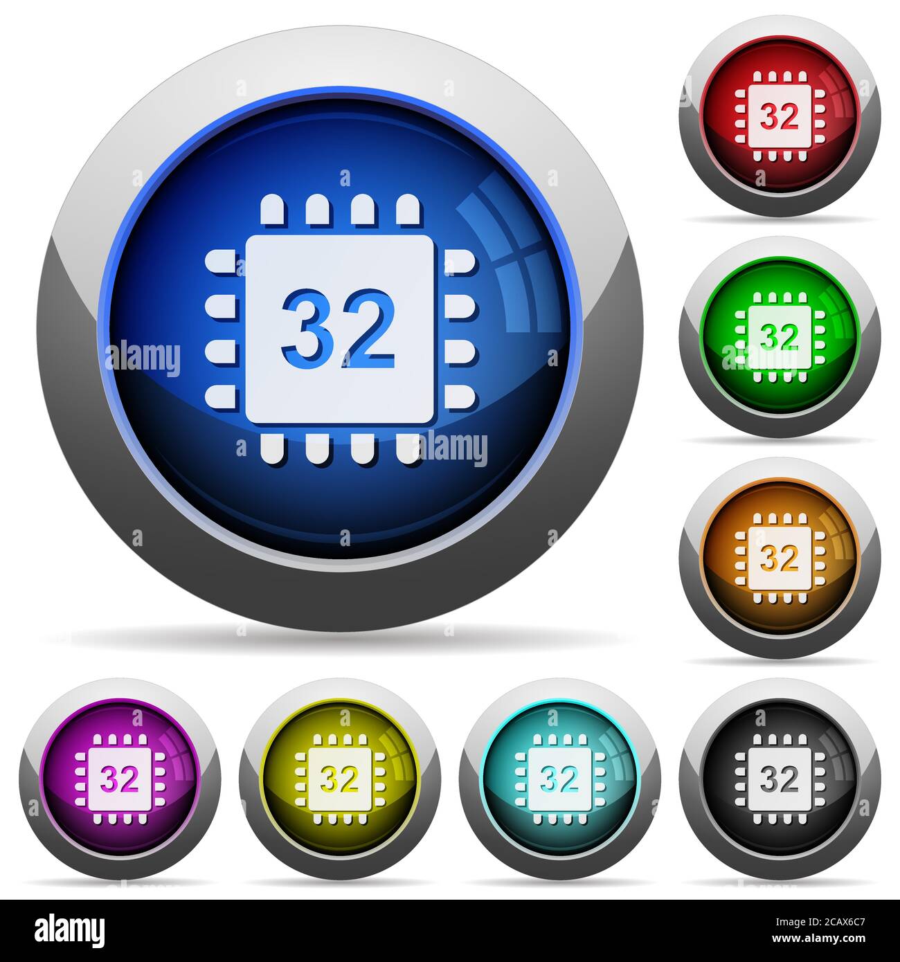Microprocessor 32 bit architecture icons in round glossy buttons with steel frames Stock Vector