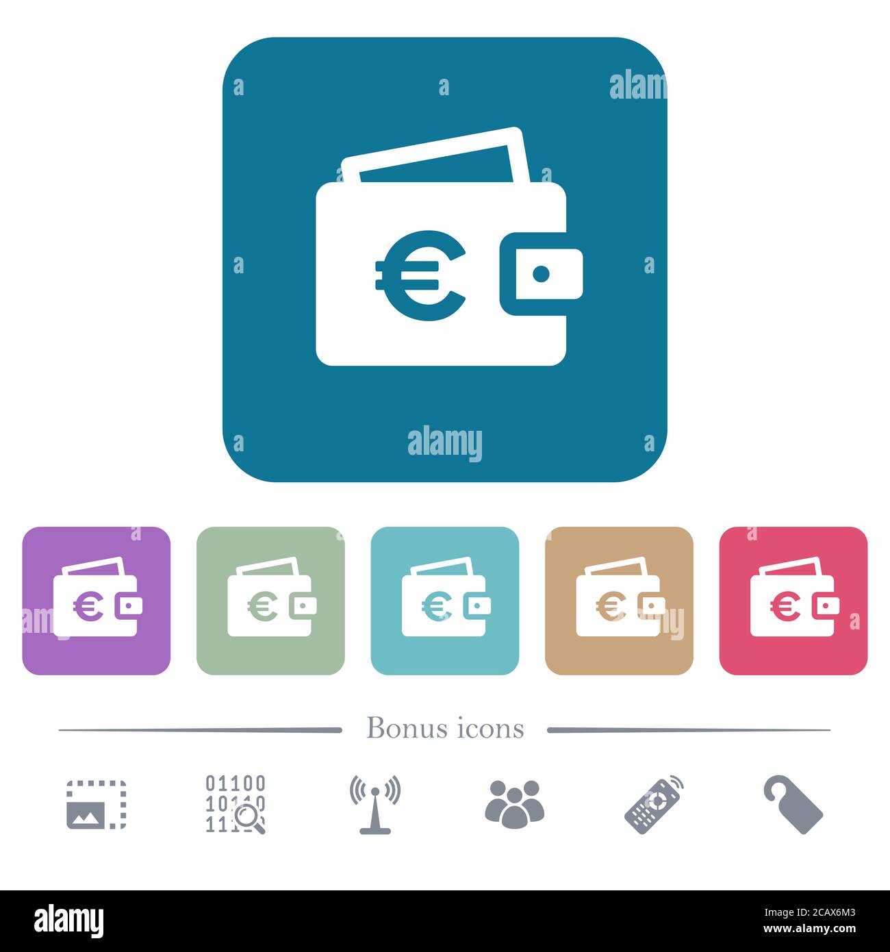 Euro wallet white flat icons on color rounded square backgrounds. 6 ...