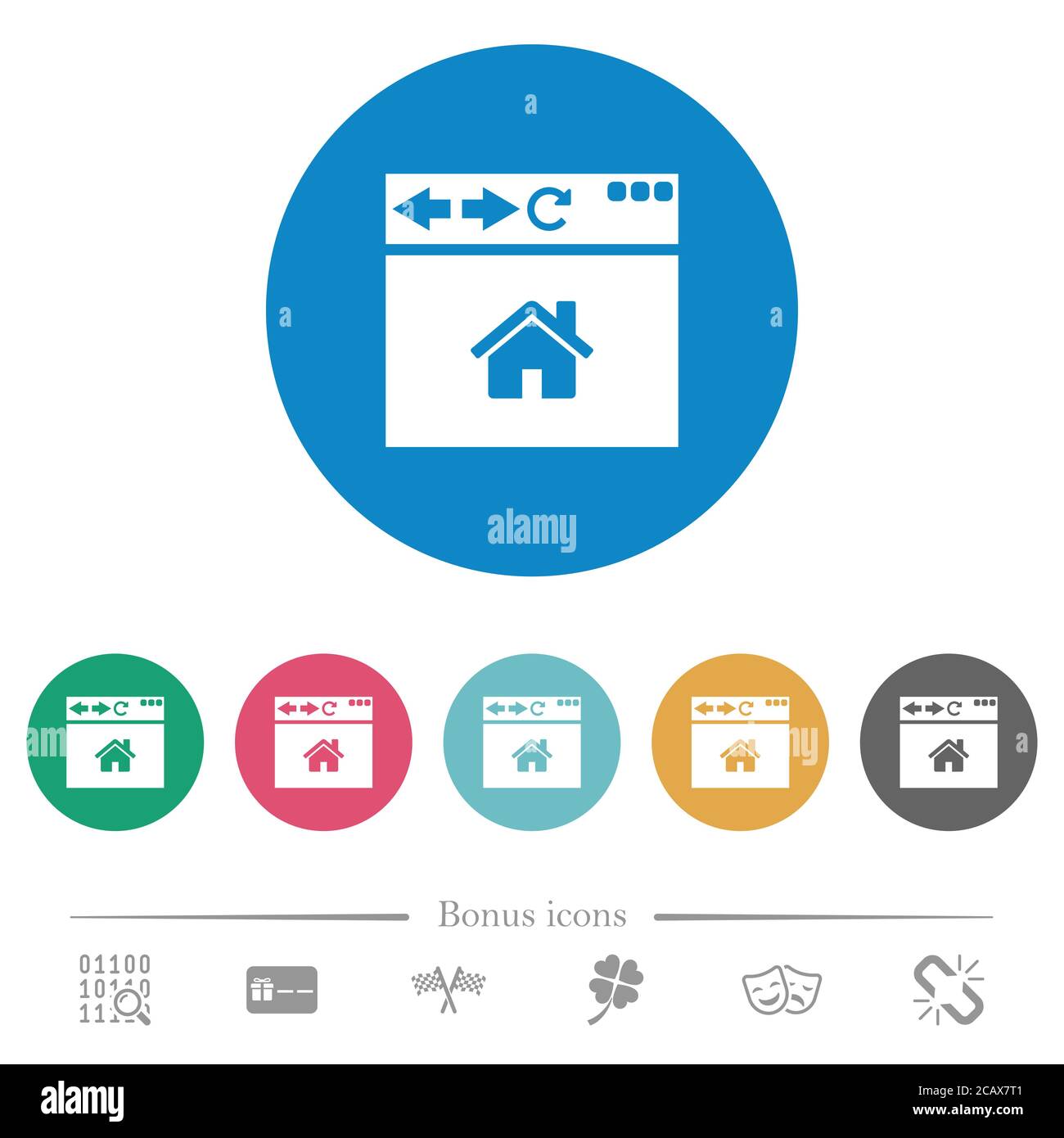 Browser home page flat white icons on round color backgrounds. 6 bonus ...