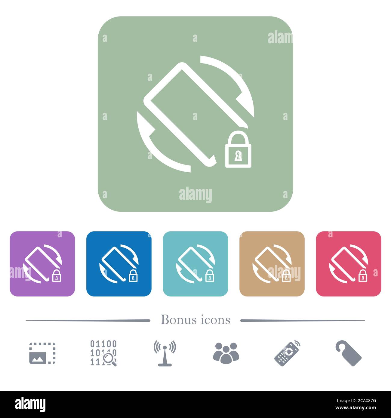 Mobile screen rotation locked white flat icons on color rounded square ...