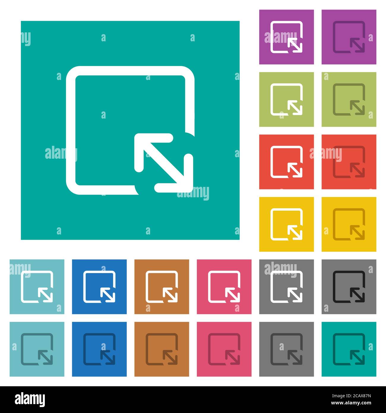 Resize object multi colored flat icons on plain square backgrounds. Included white and darker icon variations for hover or active effects. Stock Vector