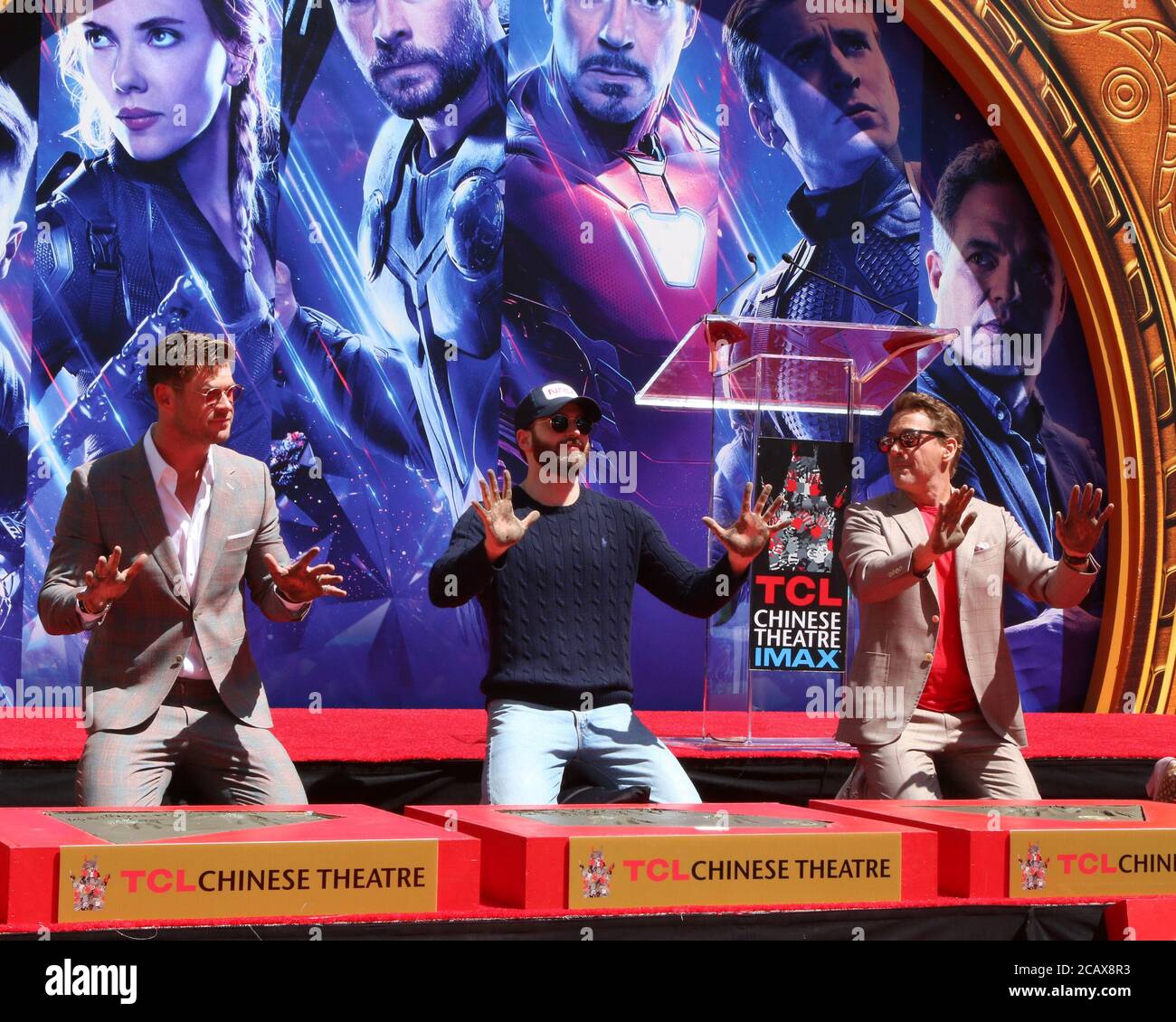 LOS ANGELES - APR 23:  Chris Hemsworth, Chris Evans, Robert Downey Jr at the Avengers Cast Members Handprint Ceremony at the TCL Chinese Theater on April 23, 2019 in Los Angeles, CA Stock Photo