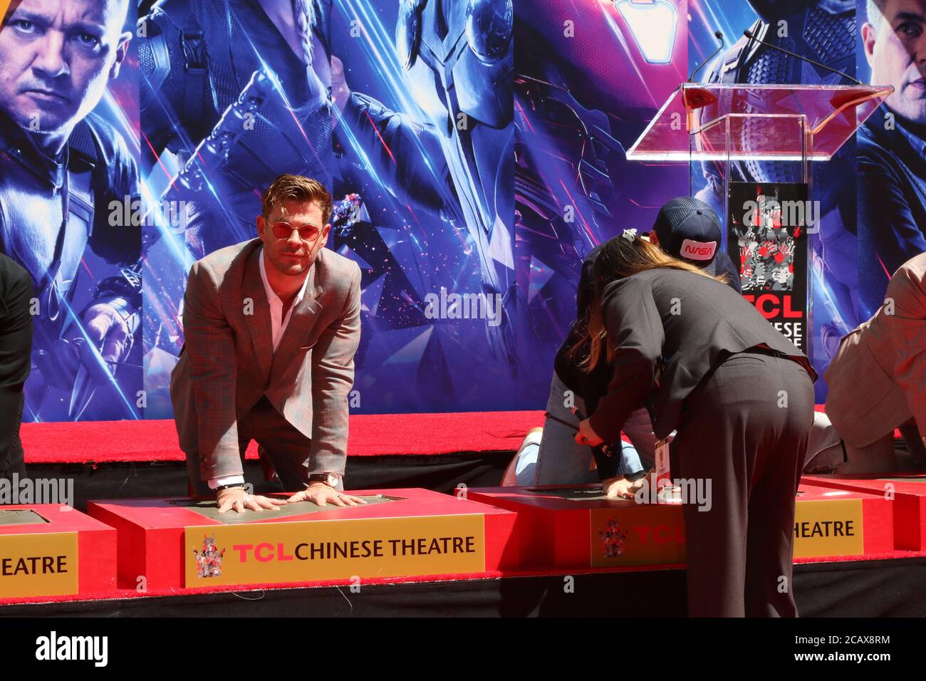 LOS ANGELES - APR 23:  Chris Hemsworth, Chris Evans at the Avengers Cast Members Handprint Ceremony at the TCL Chinese Theater on April 23, 2019 in Los Angeles, CA Stock Photo