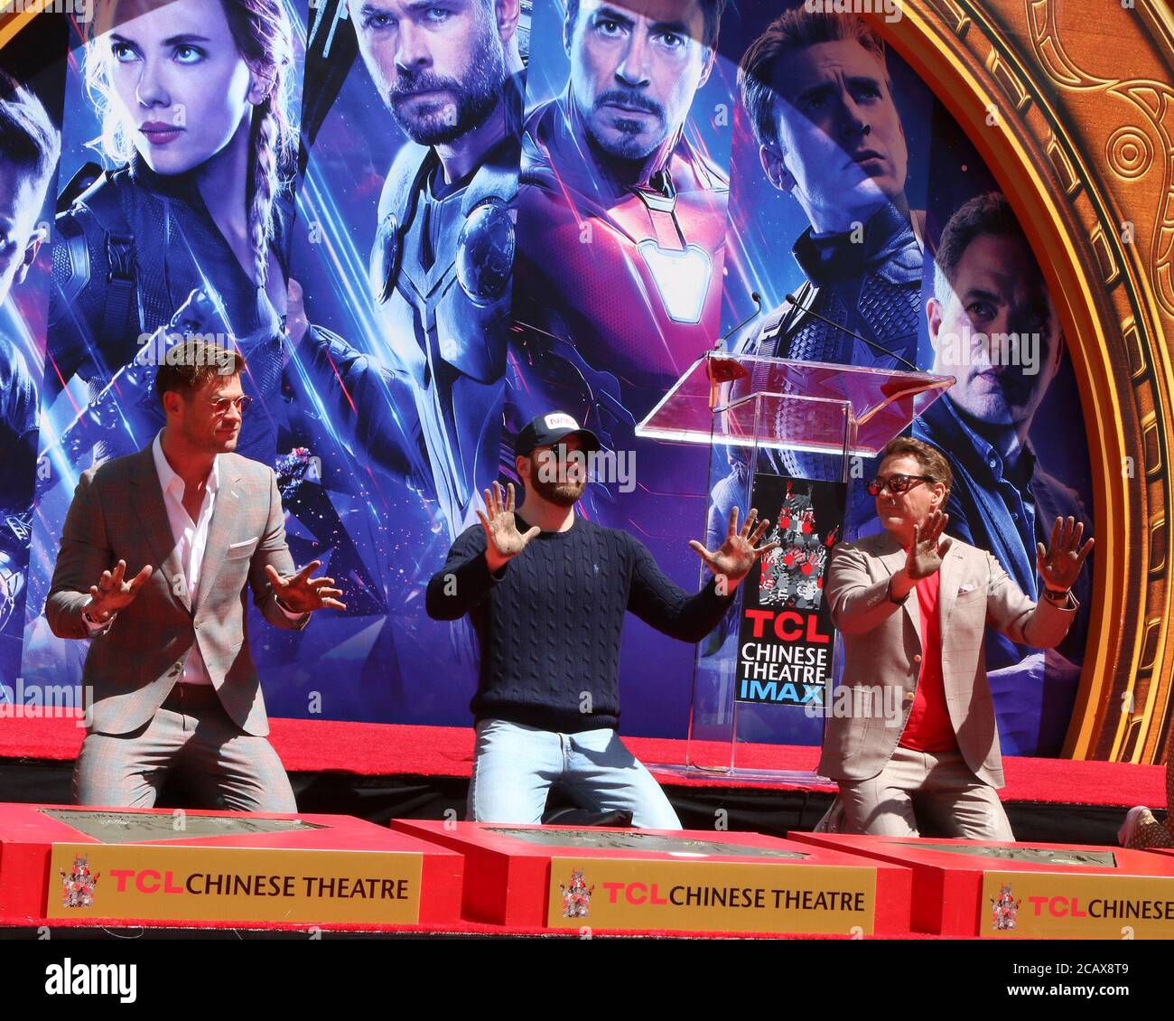 LOS ANGELES - APR 23:  Chris Hemsworth, Chris Evans, Robert Downey Jr at the Avengers Cast Members Handprint Ceremony at the TCL Chinese Theater on April 23, 2019 in Los Angeles, CA Stock Photo