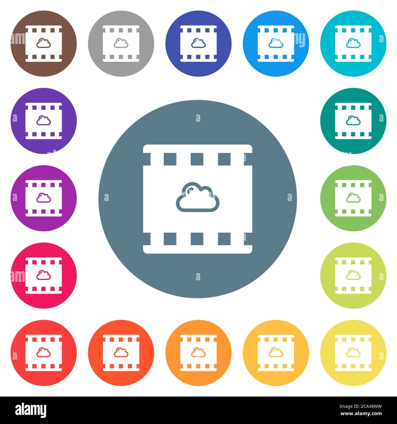 Cloud movie flat white icons on round color backgrounds. 17 background ...