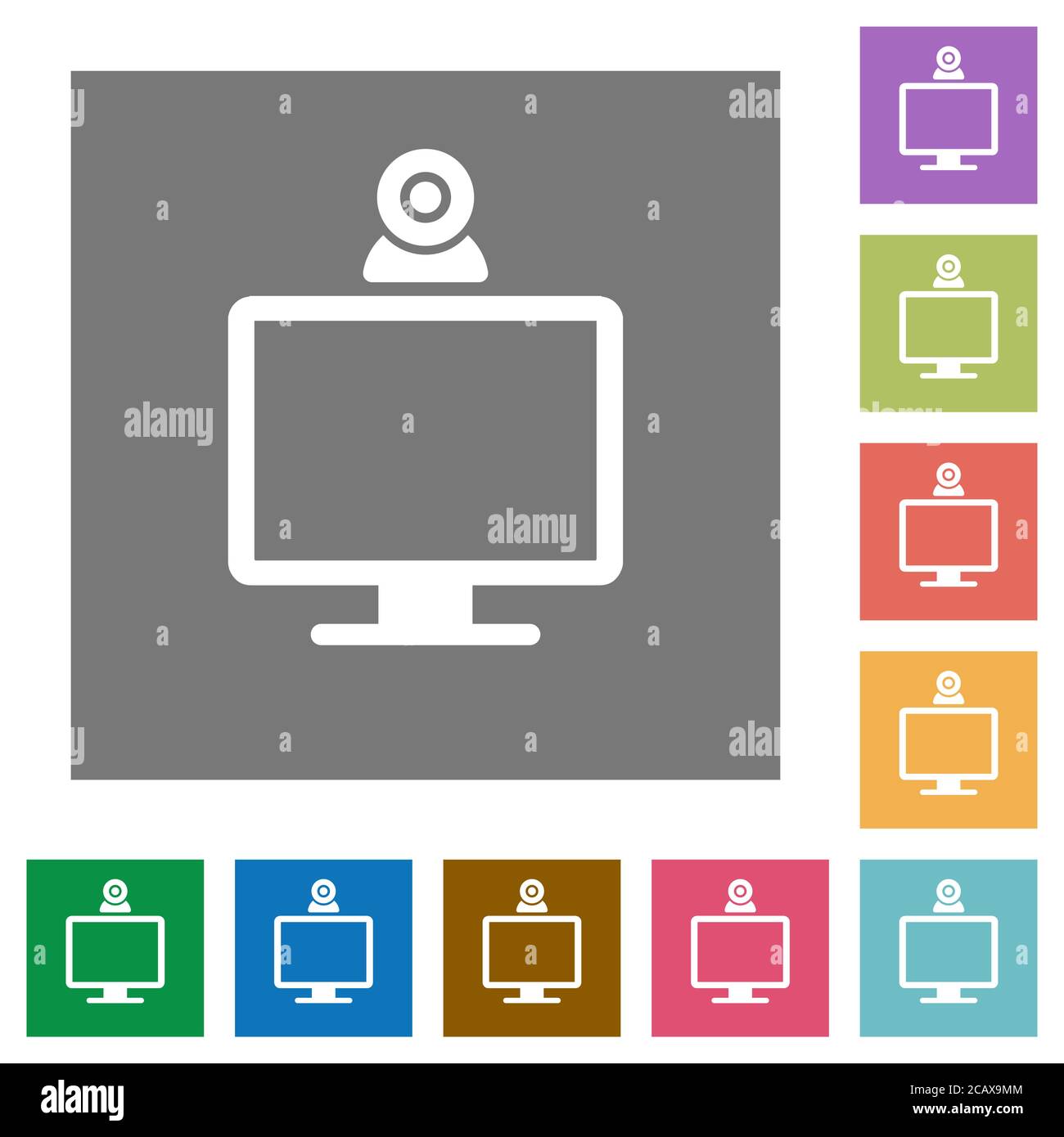 Monitor with webcam flat icons on simple color square backgrounds Stock Vector