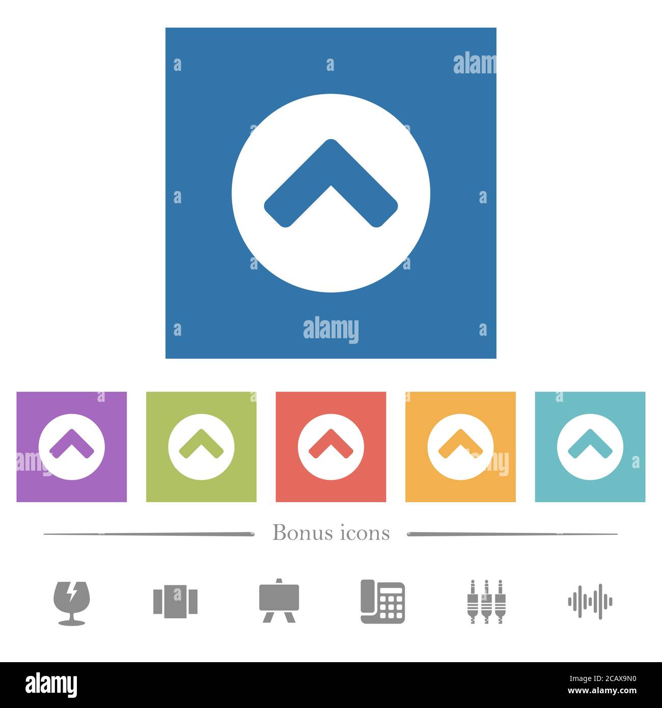 Chevron up flat white icons in square backgrounds. 6 bonus icons ...
