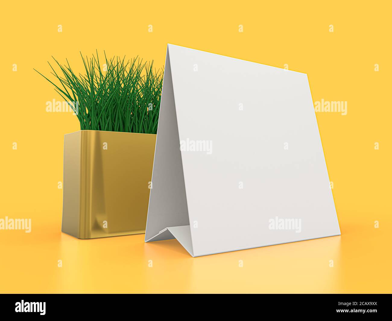 Blank paper Table Tent. Mockup on yellow background. 3D rendering Stock ...
