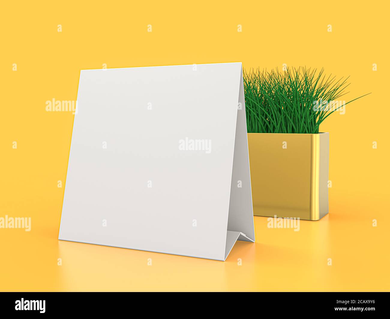 Blank paper Table Tent. Mockup on yellow background. 3D rendering Stock ...