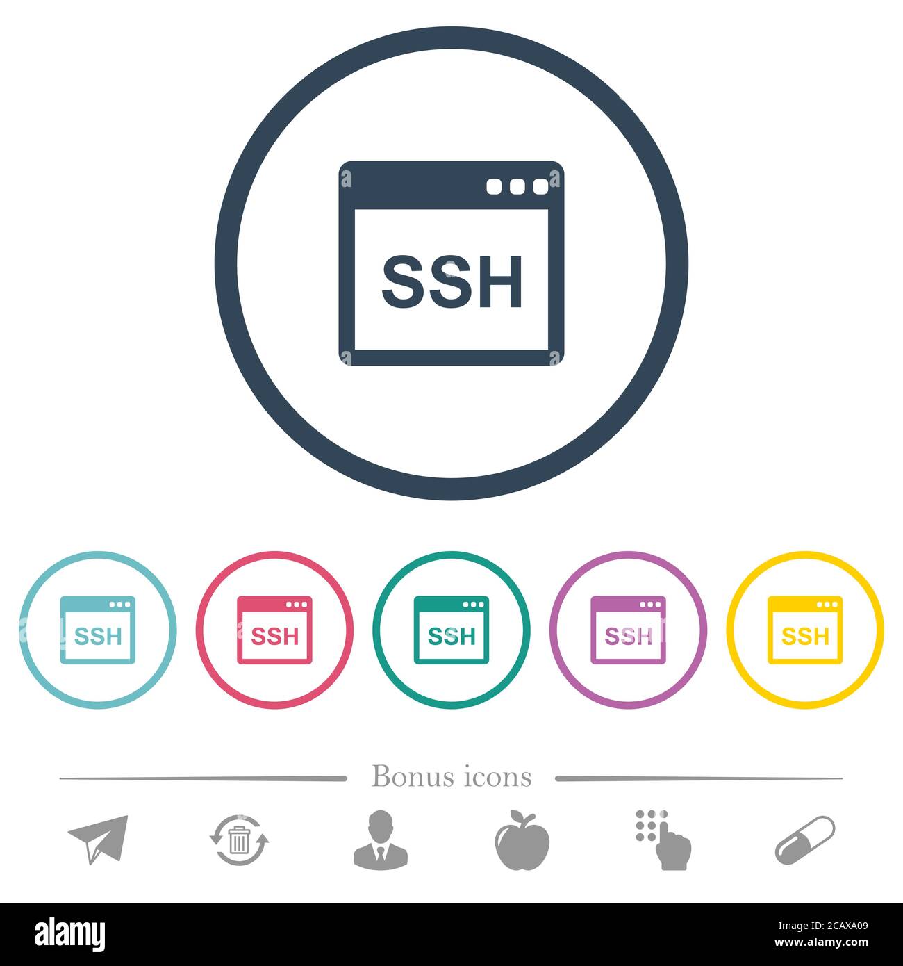 SSH client application flat color icons in round outlines. 6 bonus icons included. Stock Vector