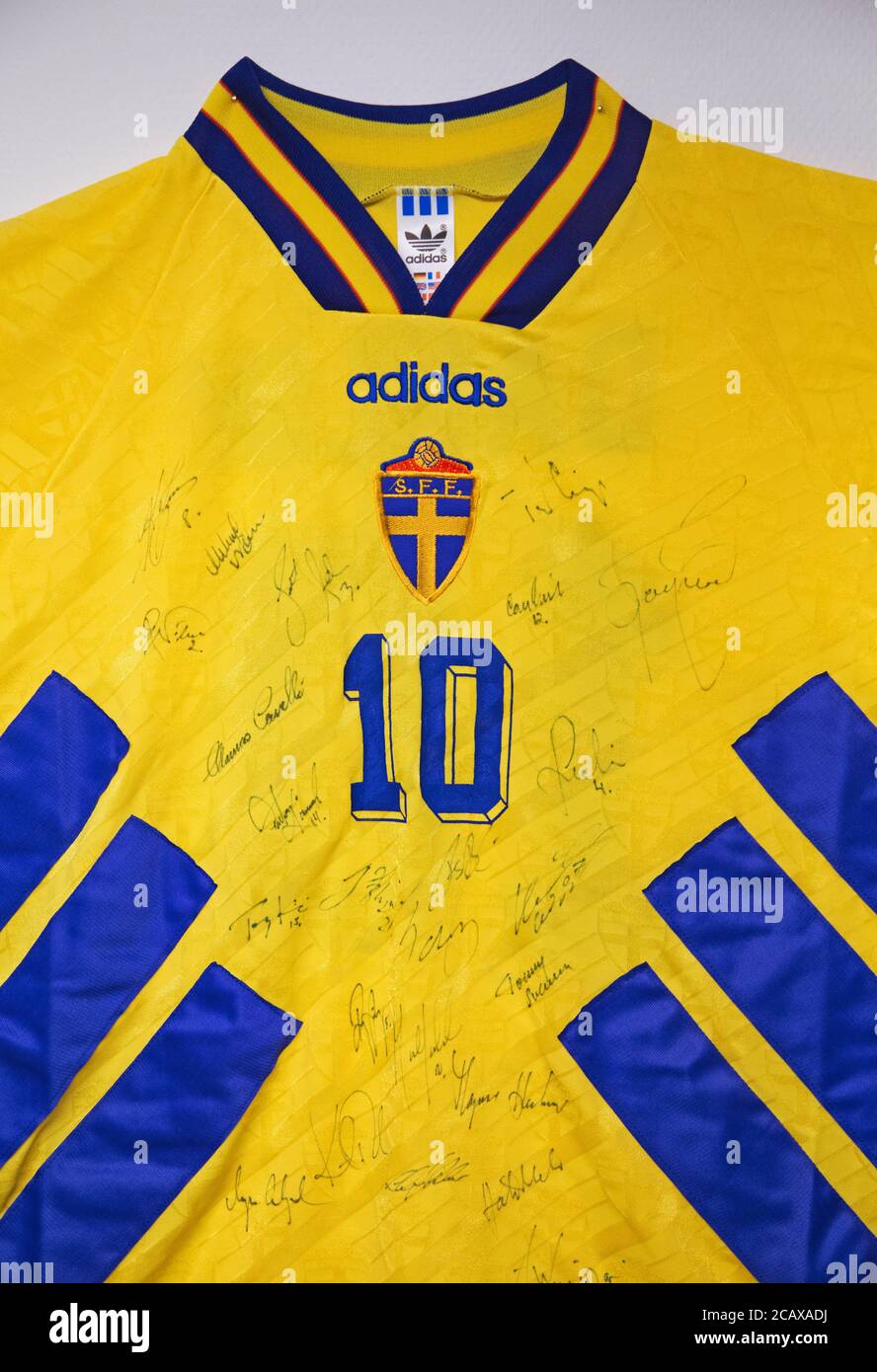 The Swedish national team's Martin Dahlin's national team jersey from the  World Cup -94 in the USA. Photo Jeppe Gustafsson Stock Photo - Alamy