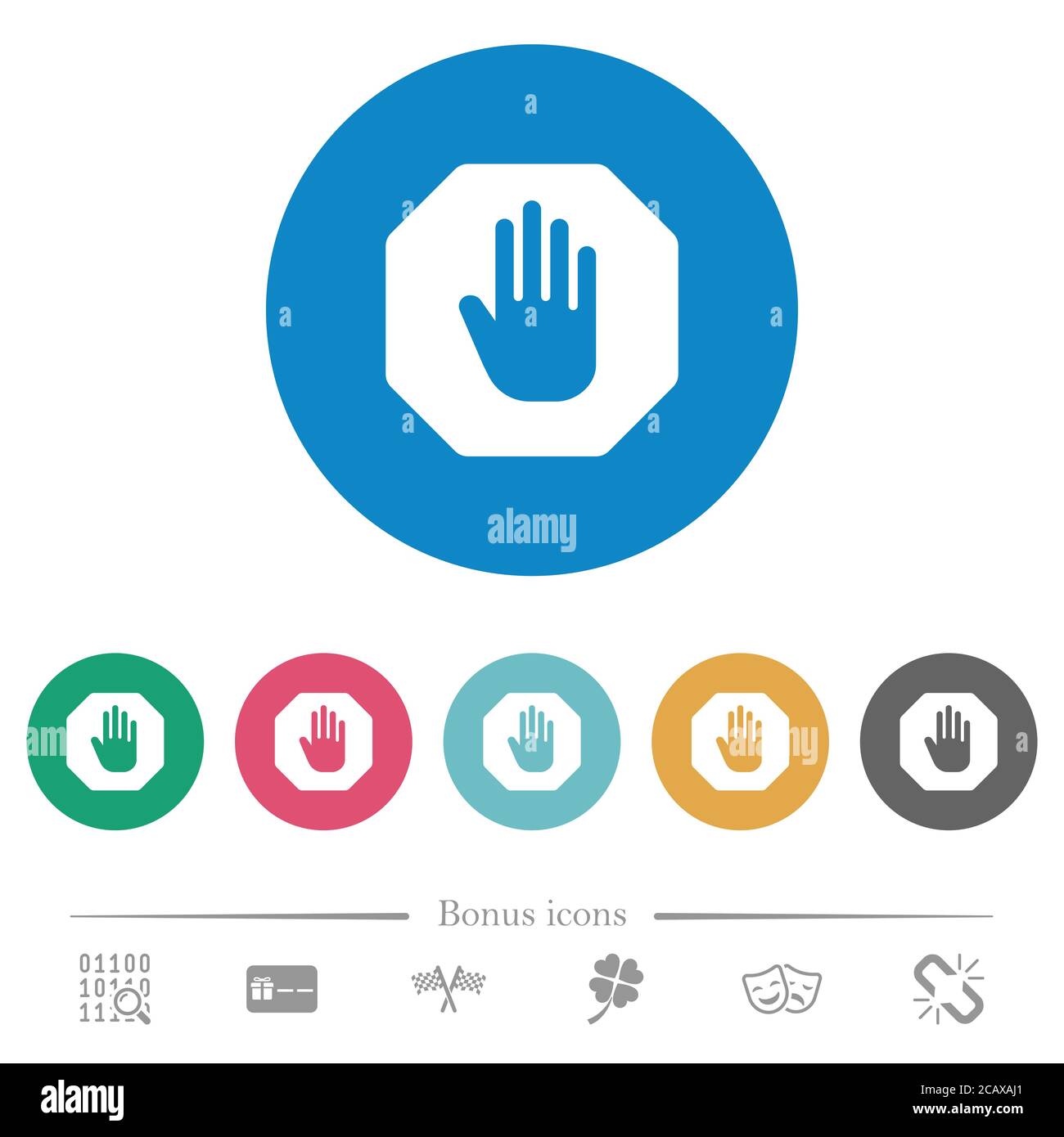 Octagon shaped stop sign flat white icons on round color backgrounds. 6 ...