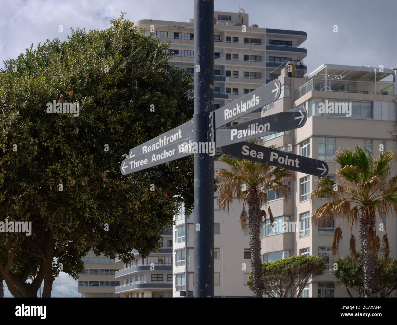 Closeup of a direction indicator at the Sea Point Promenade in Cape Town, South Africa. Stock Photo
