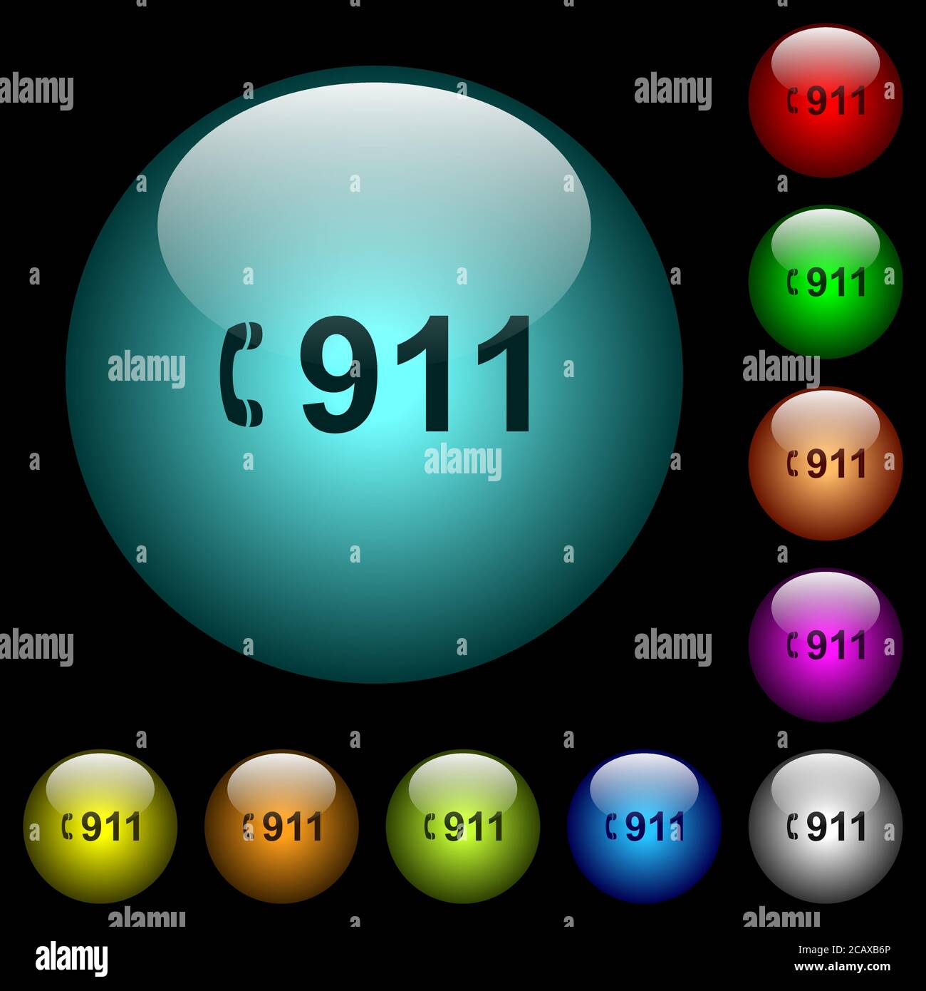 Emergency call 911 icons in color illuminated spherical glass buttons ...