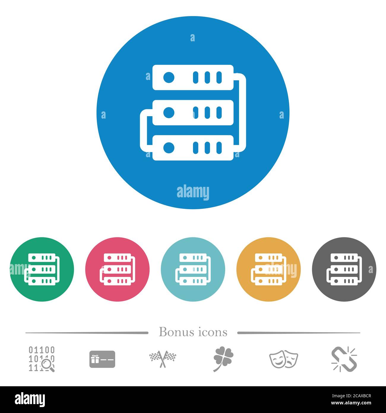 Connected servers flat white icons on round color backgrounds. 6 bonus ...