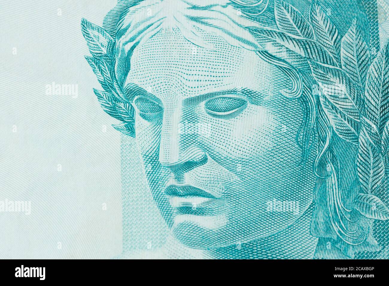 Republic's Effigy portrayed as a bust on Brazilian money. Super macro closeup on one hundred bill. Stock Photo