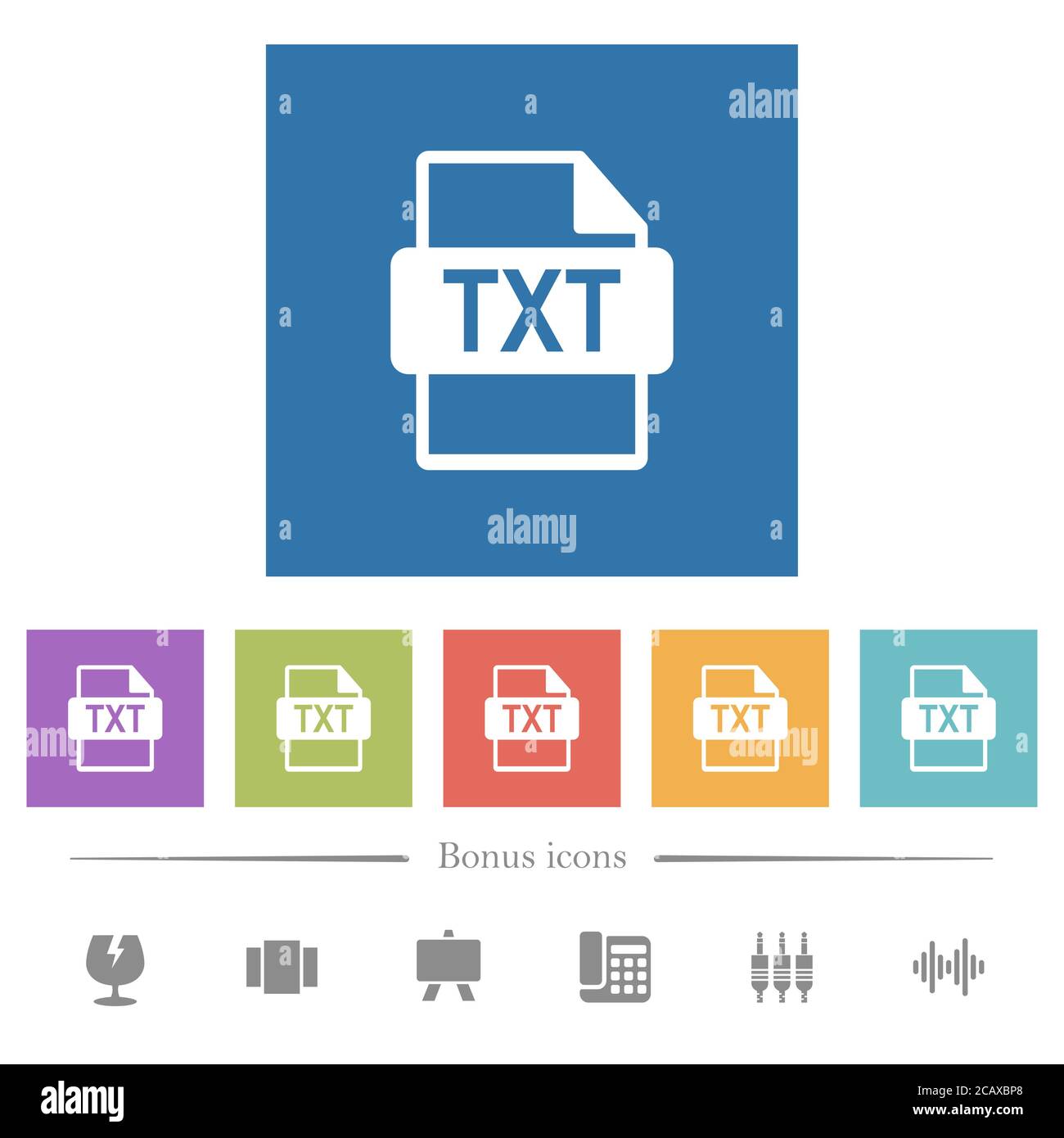 TXT file format flat white icons in square backgrounds. 6 bonus icons ...