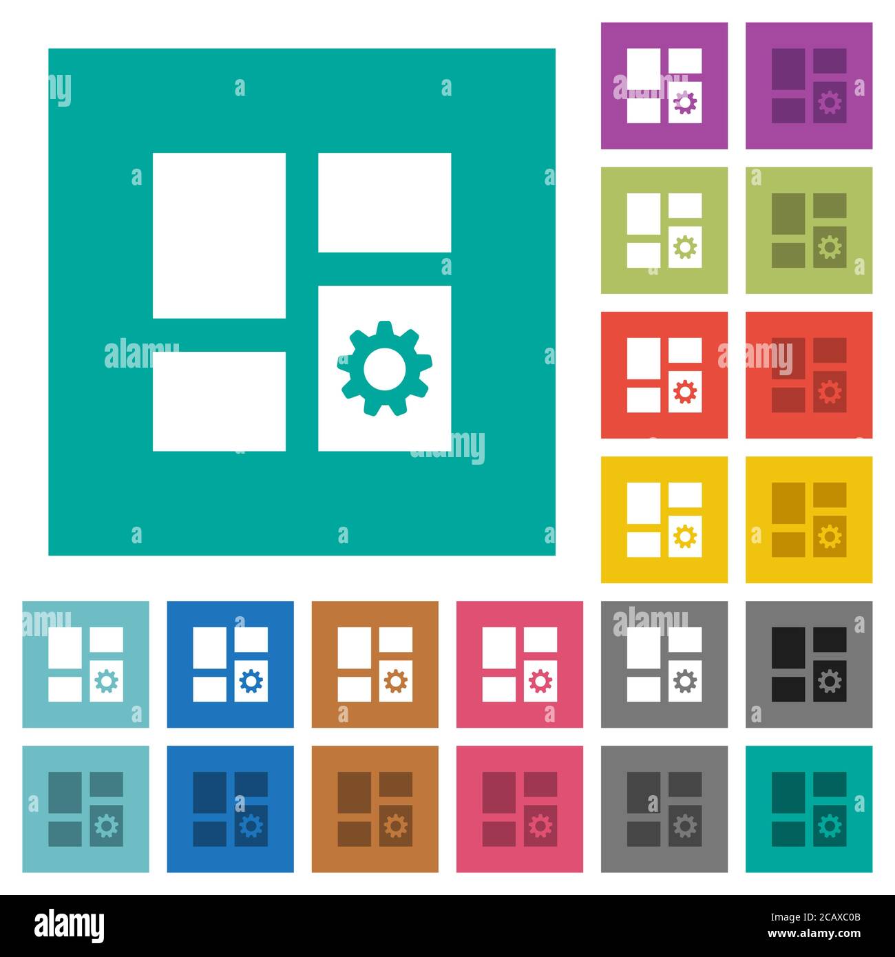 Dashboard settings multi colored flat icons on plain square backgrounds. Included white and darker icon variations for hover or active effects. Stock Vector