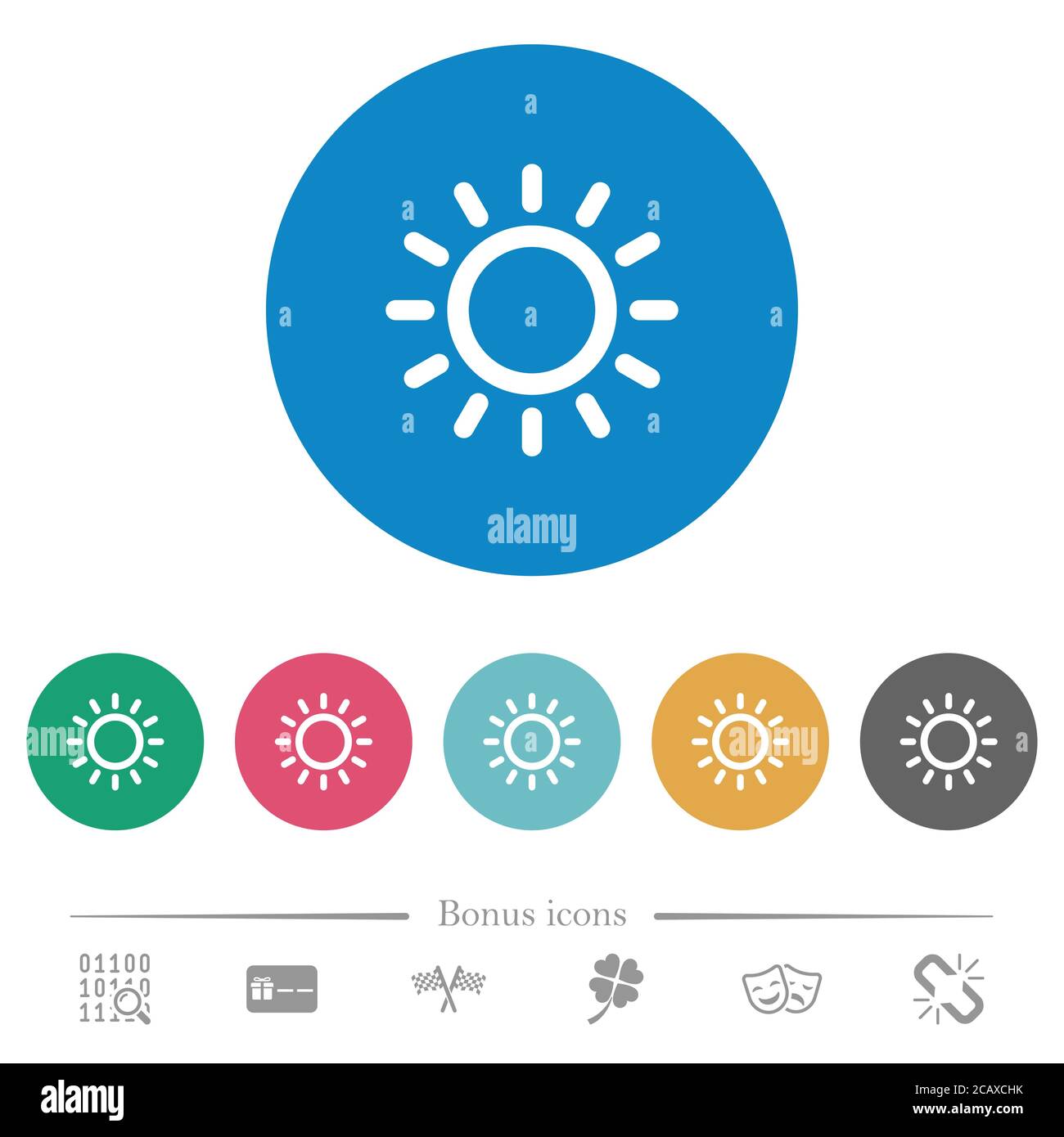 Brightness control flat white icons on round color backgrounds. 6 bonus ...