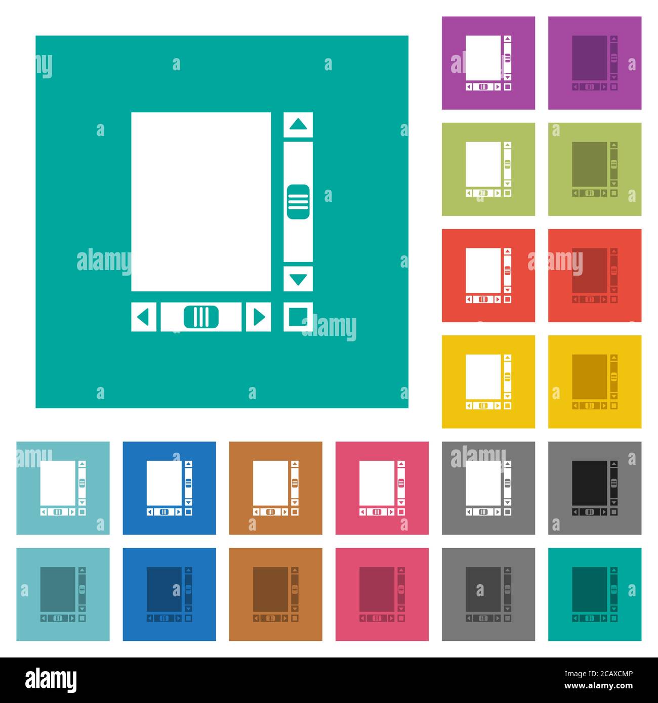 Blank document with scroll bars multi colored flat icons on plain square backgrounds. Included white and darker icon variations for hover or active ef Stock Vector