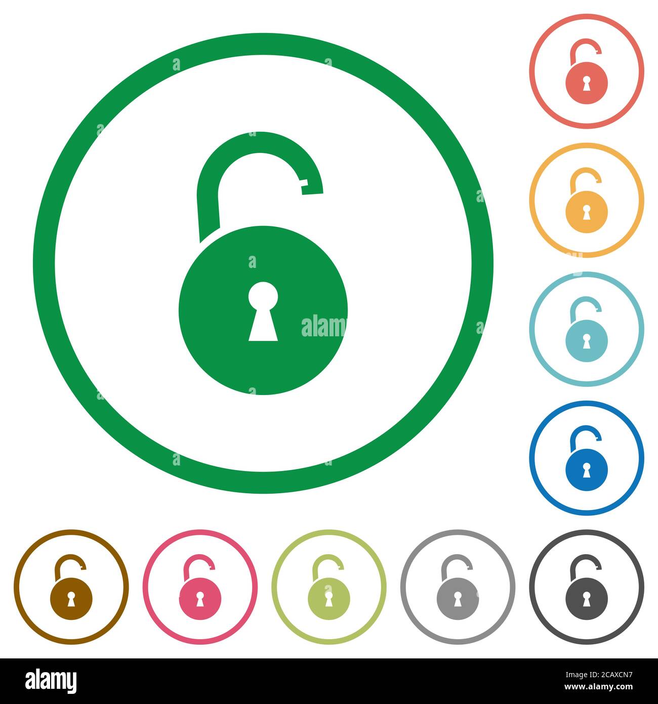 Unlocked round padlock with keyhole flat color icons in round outlines ...