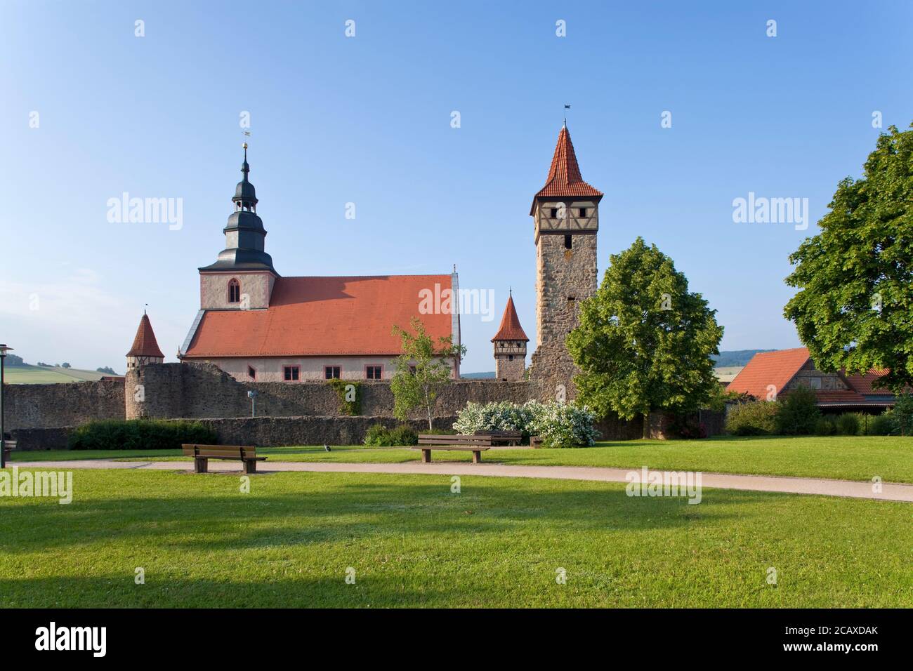 geography / travel, Germany, Bavaria, Ostheim in front of the Rhoen, Kirchenburg Castle in Ostheim in , Additional-Rights-Clearance-Info-Not-Available Stock Photo