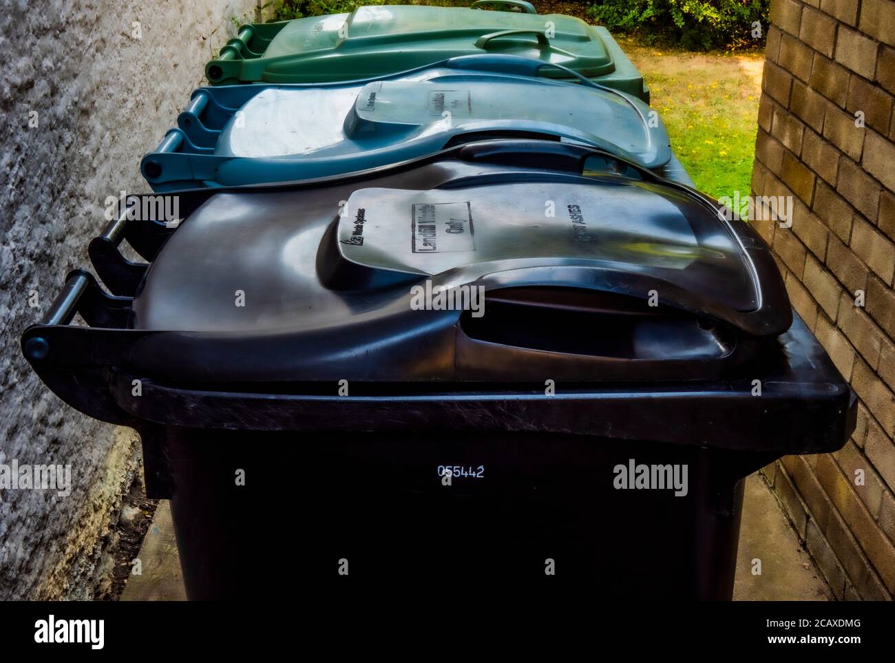 Line local council wheelie bins hi-res stock photography and images - Alamy