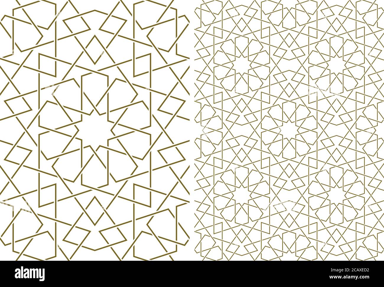 Seamless geometric ornament based on traditional islamic art.Brown color lines.Set single pattern and 2x2 pattern.Wicker lines.Average thickness. Stock Vector