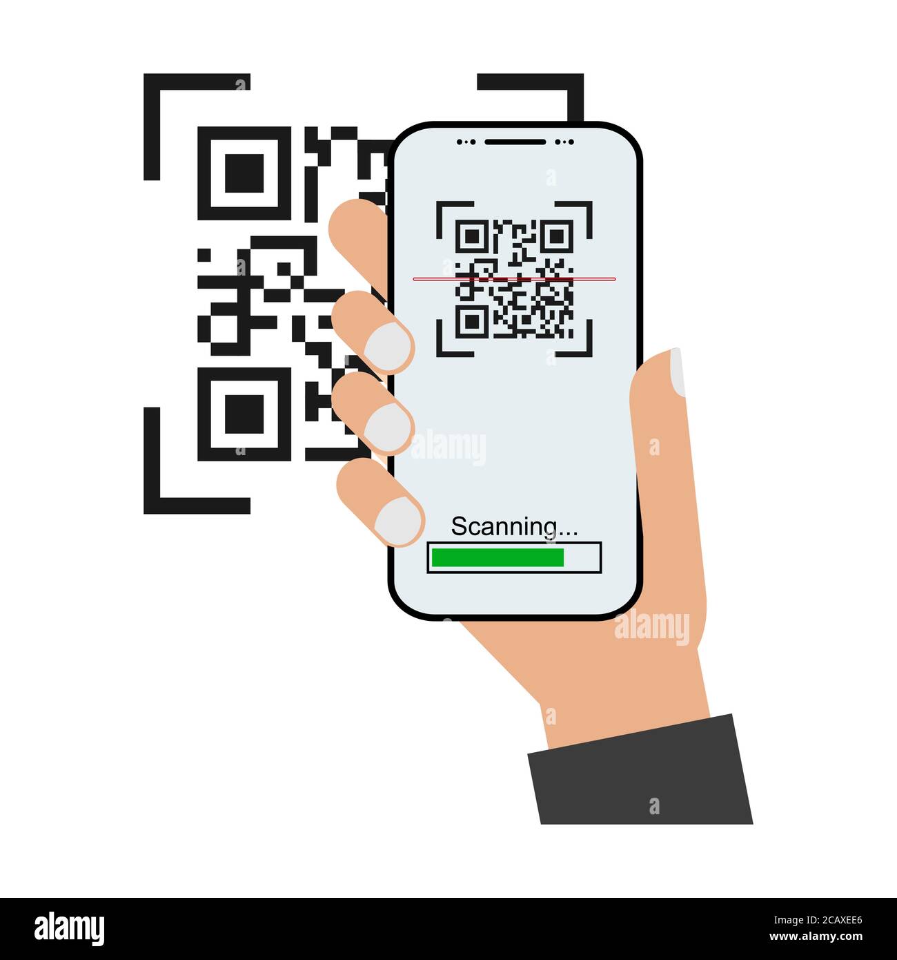 Mobil scan flat icon with hand isolated on white background. QR code reader vector illustration . Stock Vector