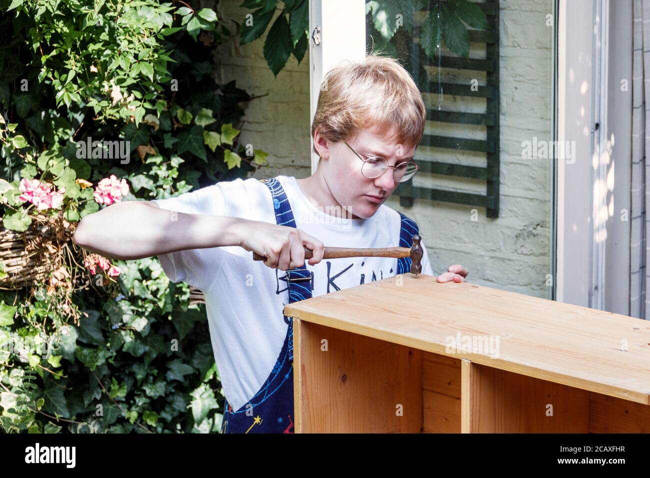 20-year old Caucasian young woman constructing a wooden bookcase at home, London, UK Stock Photo
