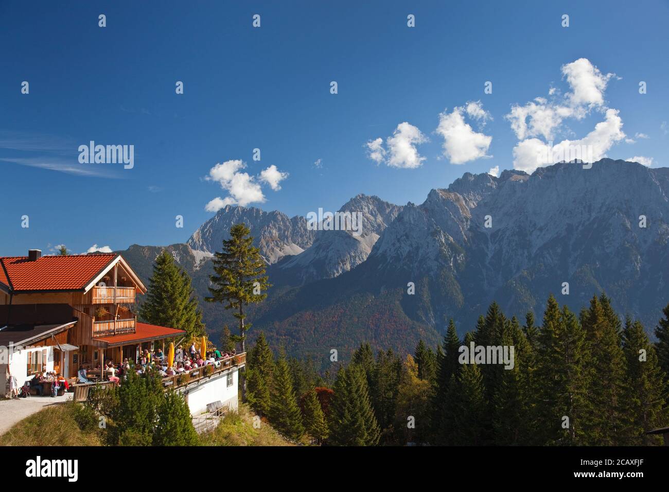 geography / travel, Germany, Bavaria, Mittenwald, Kranzberghaus with Karwendel Mountains, Mittenwald, , Additional-Rights-Clearance-Info-Not-Available Stock Photo