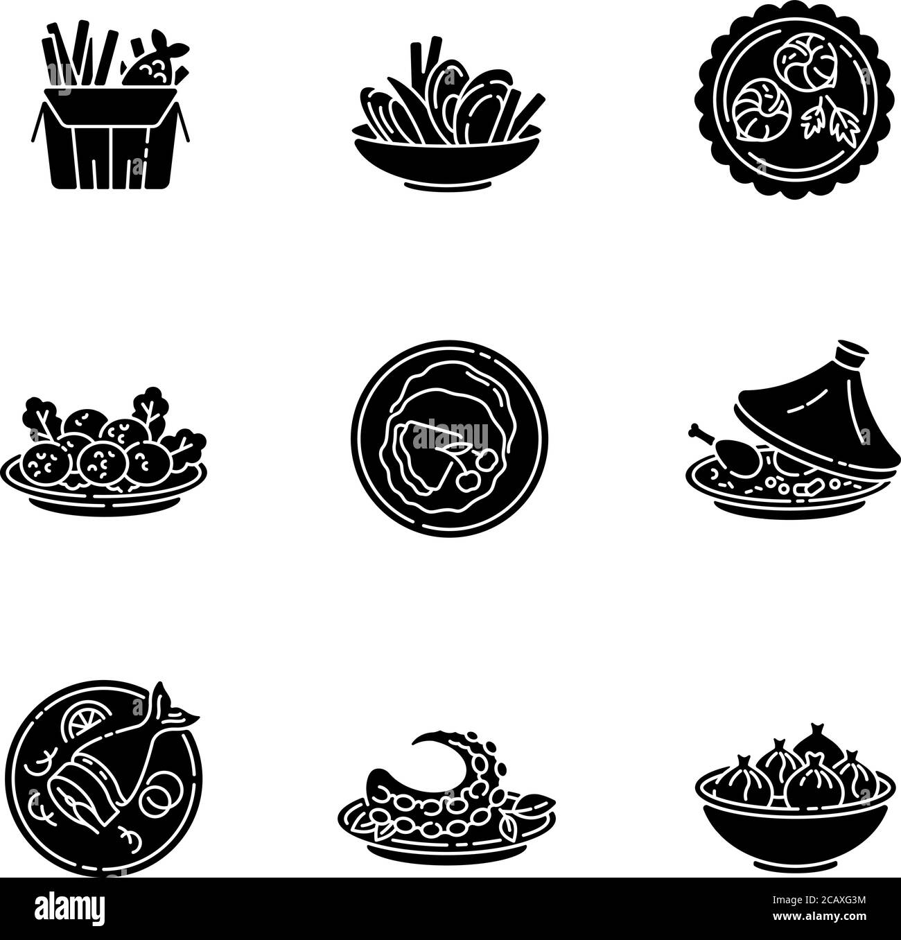 Restaurant dishes black glyph icons set on white space. Fish and chips. Moules frites. Falafel dish. French crepe. Soused herring. Asian seafood. Silh Stock Vector