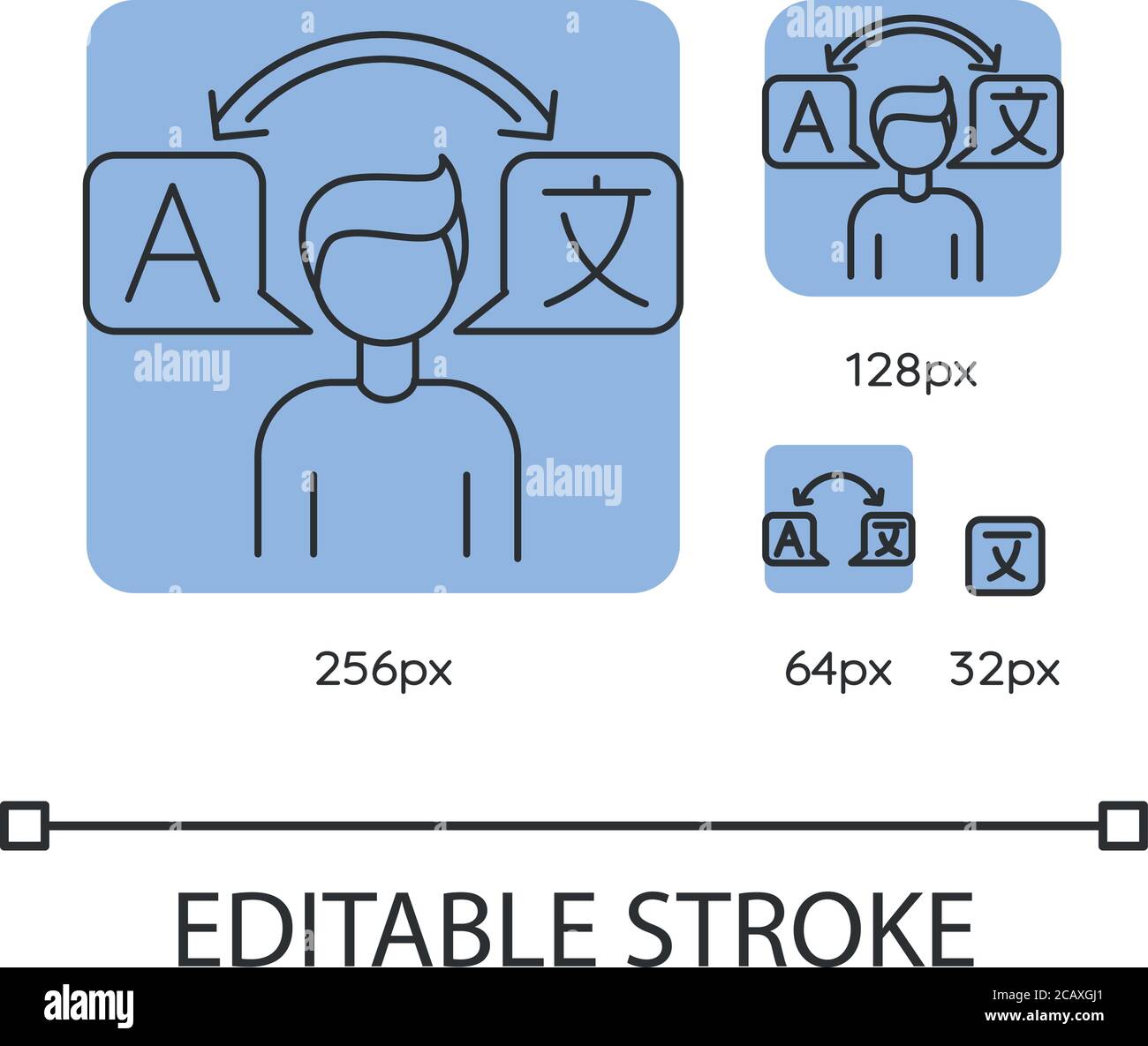 Translator blue linear icons set. Interpretation, translation ...