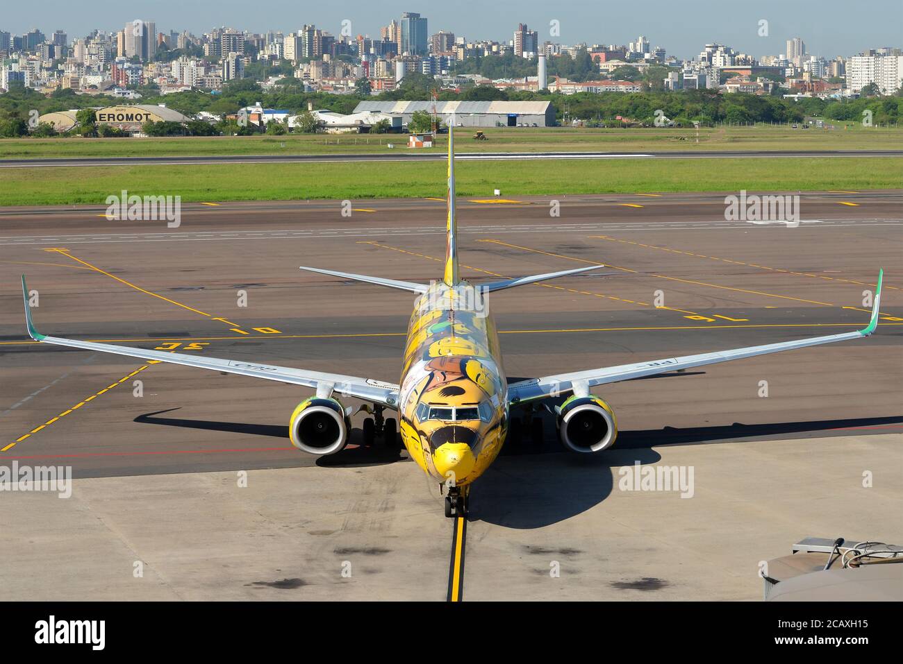 Gol Airlines Boeing 737 with graffiti special livery done by Os Gemeos Brazilian artists. The Twins aircraft paint scheme in Porto Alegre, Brazil. Stock Photo