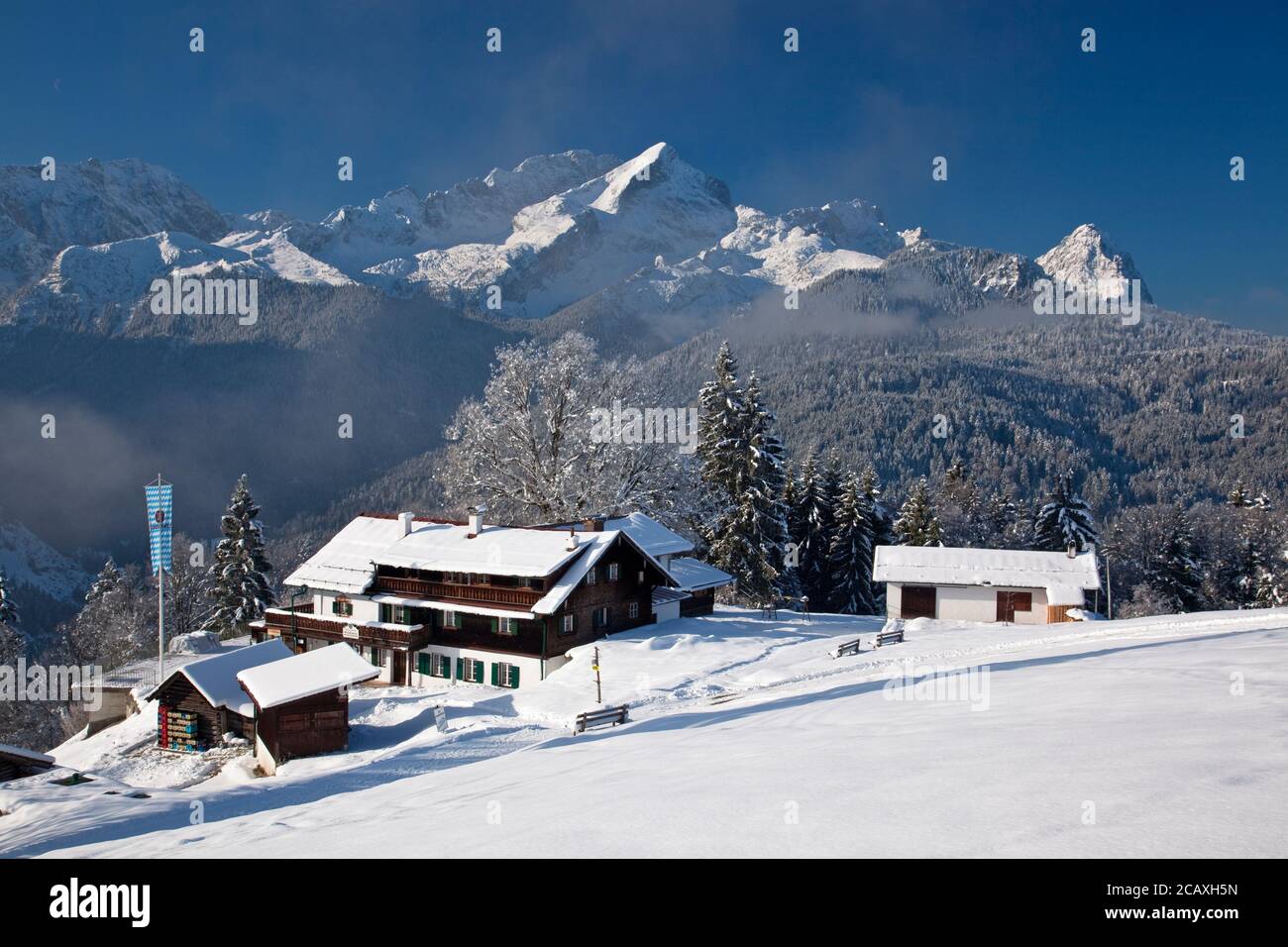 geography / travel, Germany, Bavaria, Garmisch- Partenkirchen, on the mountain inn Eckbauer, Garmisch-, Additional-Rights-Clearance-Info-Not-Available Stock Photo