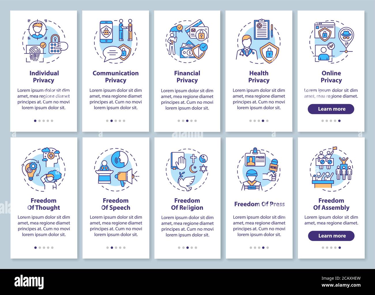 Human freedoms and privacy onboarding mobile app page screen with concepts set. Freedom of press. Walkthrough 5 steps graphic instructions. UI vector Stock Vector