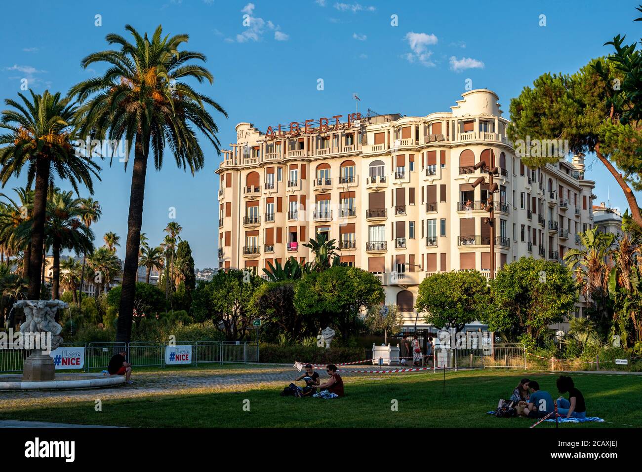 General View of the Albert 1er Hotel from the public Albert 1er garden in Nice, France. It’s a 3 stars Hotel and is close by the Sea. Stock Photo