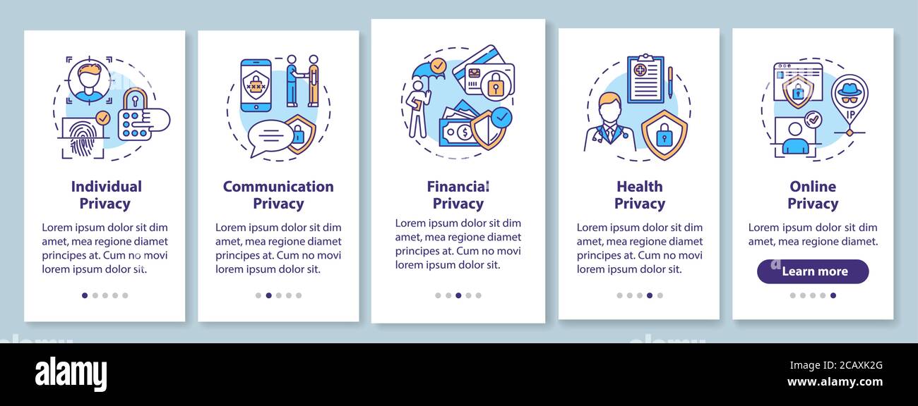Privacy types onboarding mobile app page screen with concepts. Communication and health privacy