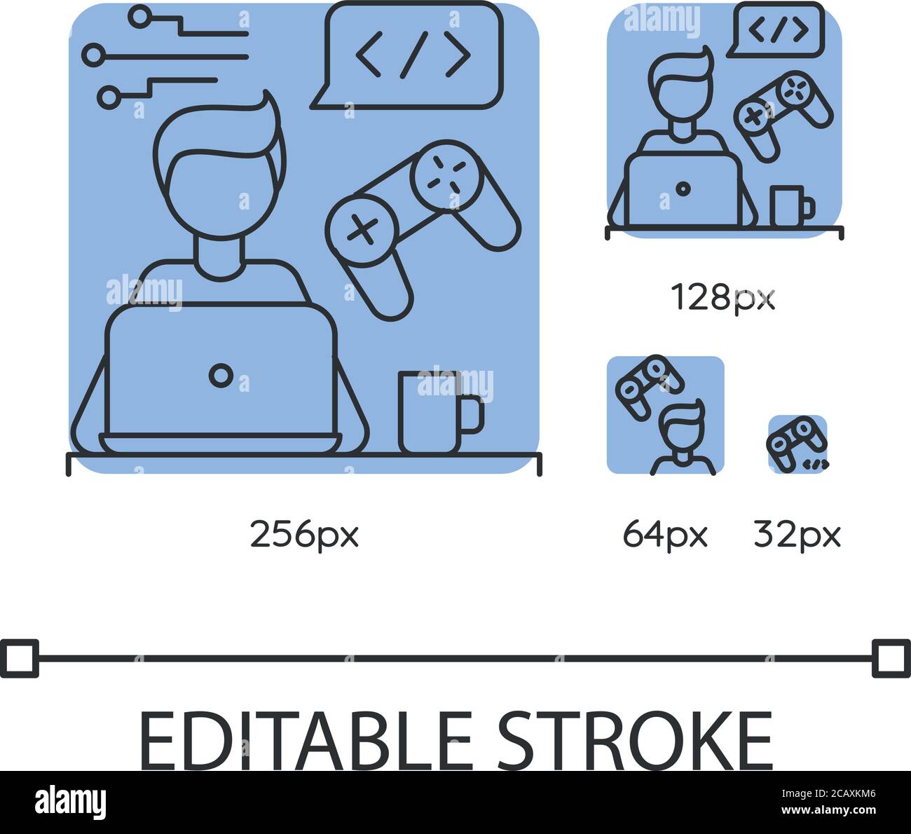 Game developer blue linear icons set. Freelancer, remote game software programmer. Thin line customizable 256, 128, 64 and 32 px vector illustrations. Stock Vector