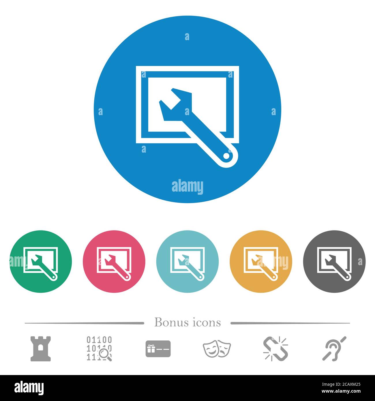 Screen settings flat white icons on round color backgrounds. 6 bonus ...
