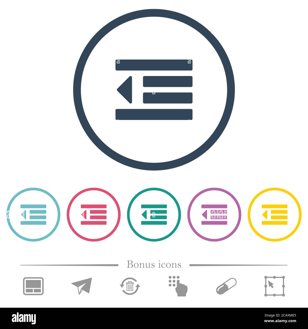 Decrease text indentation flat color icons in round outlines. 6 bonus icons included. Stock Vector