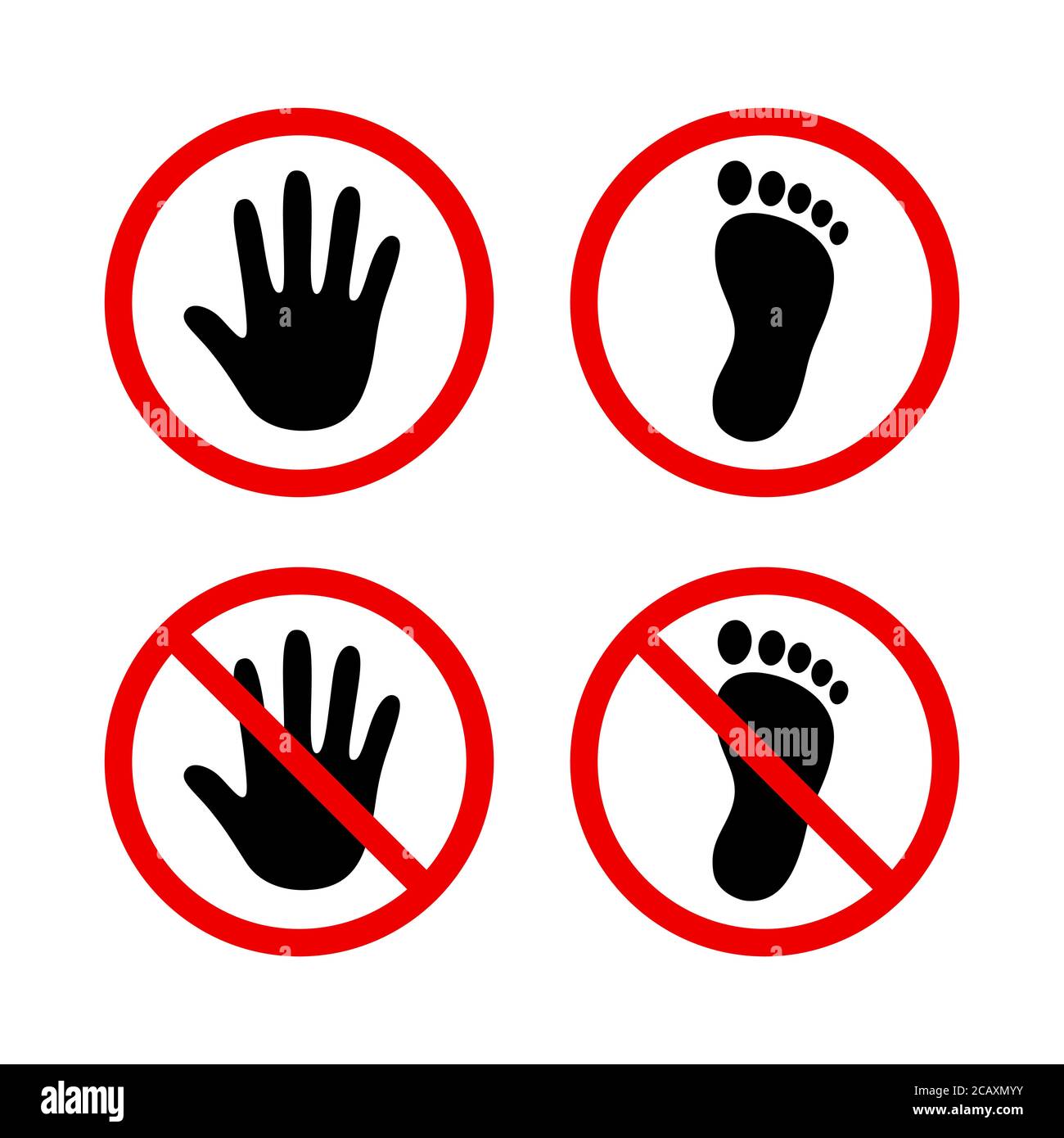 Human hand and foot in red circle, stop sign, do not touch, no walking. Simple black silhouette icons, vector illustration set. Stock Vector