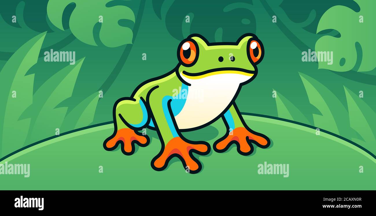 Red-Eyed Tree Frog, cute cartoon illustration of Central American rainforest frog in the wild. Stock Vector