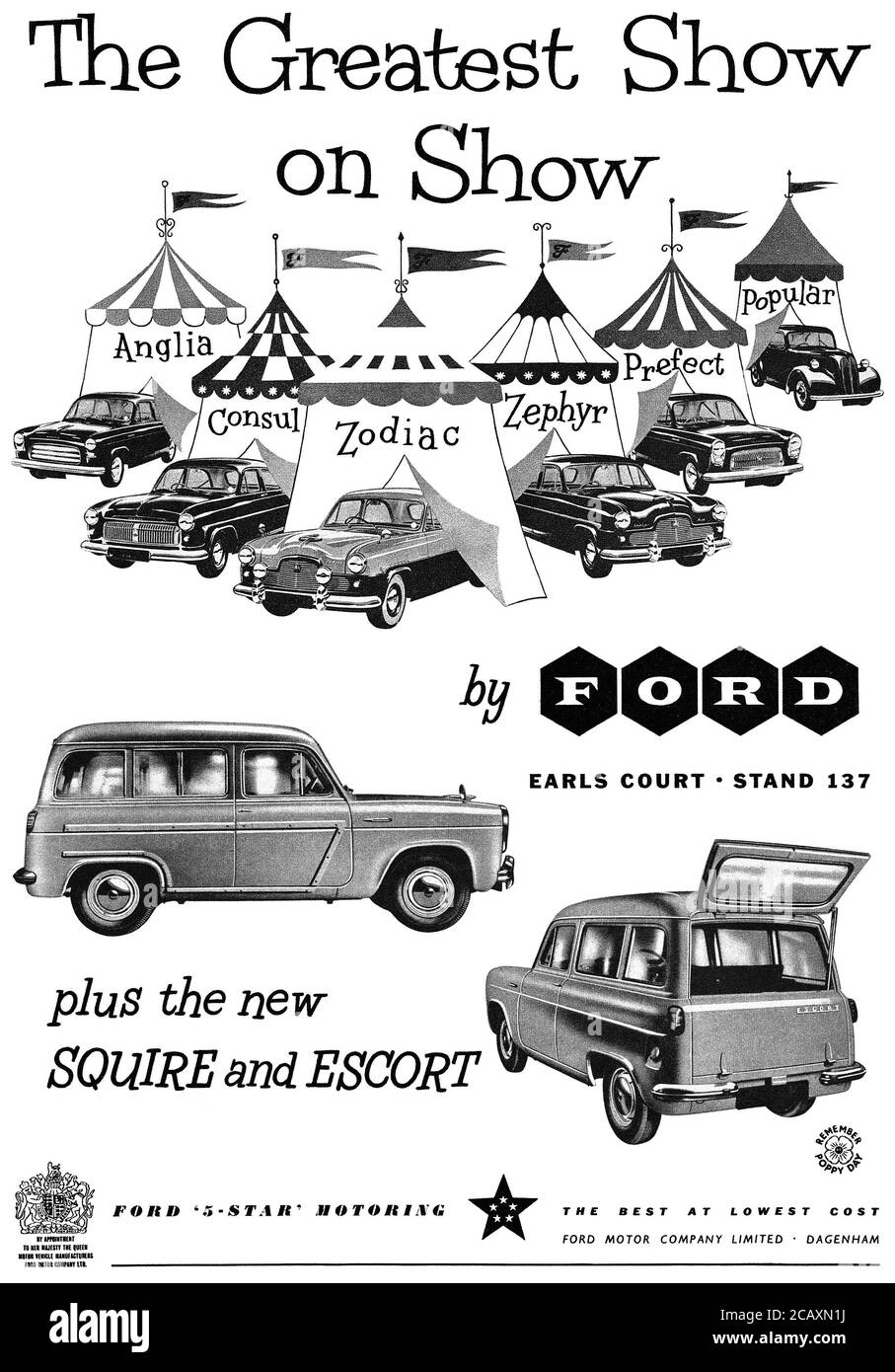 1955 British advertisement for Ford motor cars at the Earls Court Motor Show. Stock Photo