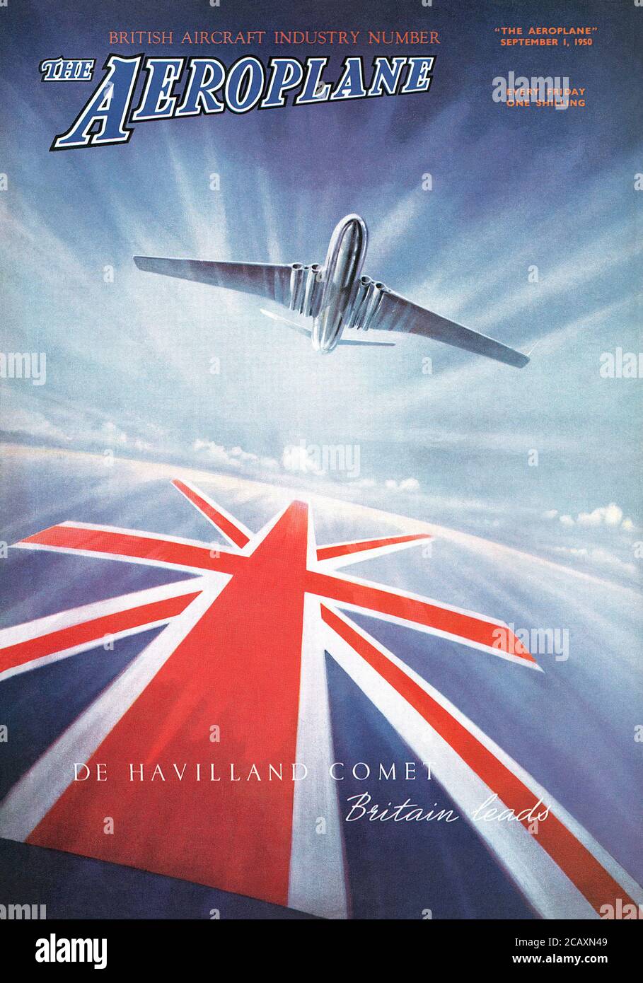 Vinatge front cover of The Aeroplane magazine, featuring an advertisement for the De Havilland Comet jet airliner. Stock Photo